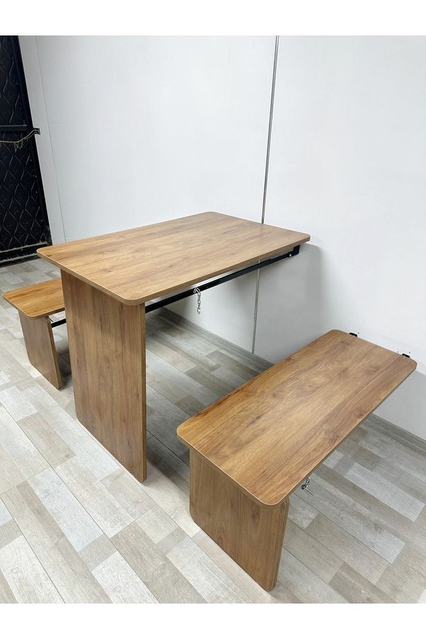 Duvara Monte MDF TABLA Ceviz Katlanabilir Dekoratif 2 Tabureli Pratik Yemek Mutfak Balkon Masası - 7