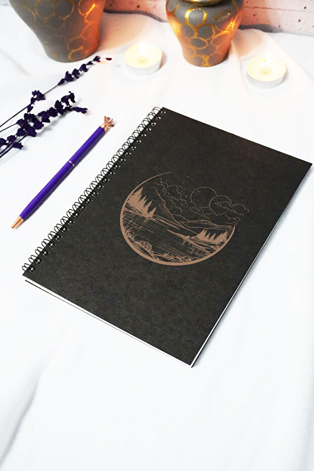 A5 Landscape Themed Black Kraft Cover Notebook - Unlined Notebook - (120 Pages) 15X21 cm - Memory Notebook