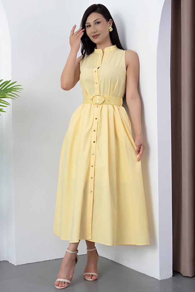 Boydan Düğmeli Deri Kemerli Elbise GRS3747 - 7