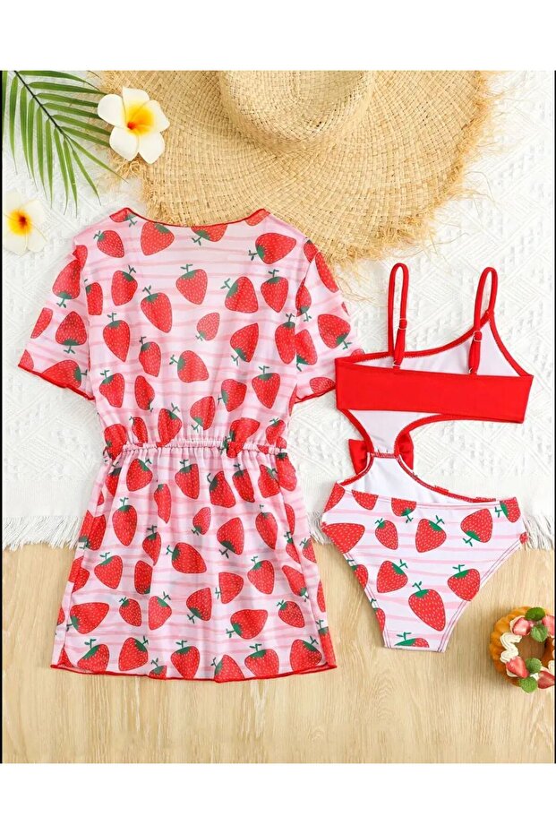 Children's Bikini Swimsuit Mayokini Strawberry Pattern Bikini Suit Pareo Set