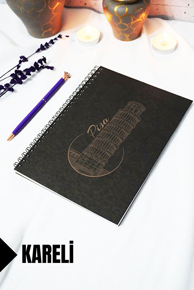 A5 Pizza Tower Themed Black Kraft Notebook with Cover - Checkered Notebook - 60 Sheets (120 Pages) 15X21 cm