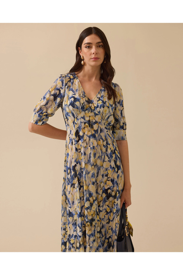 V Yaka Desenli Elbise - 3