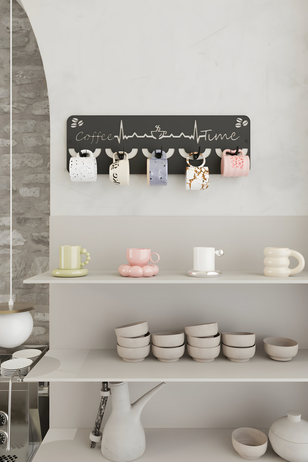 Mug Cup Hanger Wall Mount Mug Hanger Coffee Cup Stand Kitchen Organizer 5 Mugs 50X16 cm