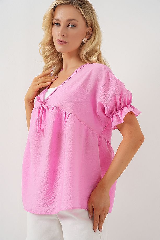 Kadın Önü Bağcıklı Kısa Kol Bluz 962 - Pembe - 3