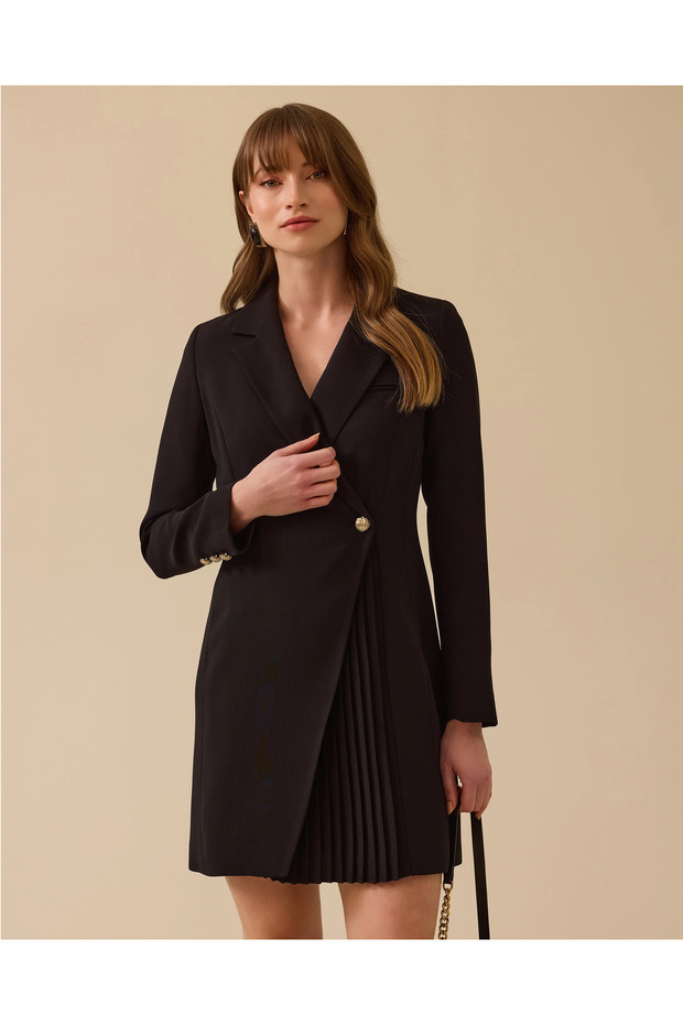 Pile Detaylı Tek Düğmeli Uzun Ceket - 3