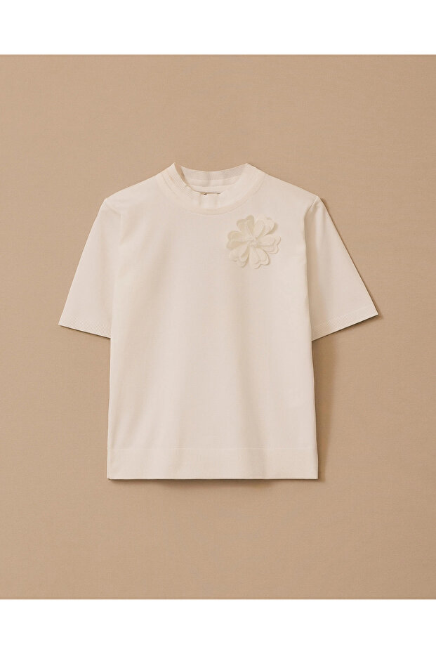 Çiçek Aplikeli Sıfır Yaka Triko Bluz - 6