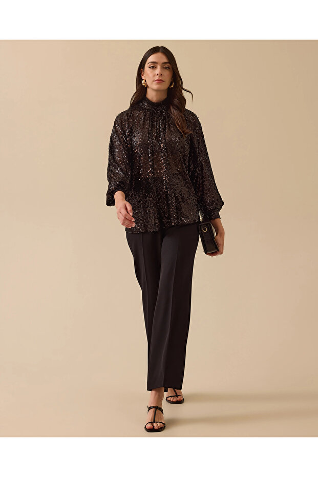 Dik Yaka Transparan Payetli Bluz - 3
