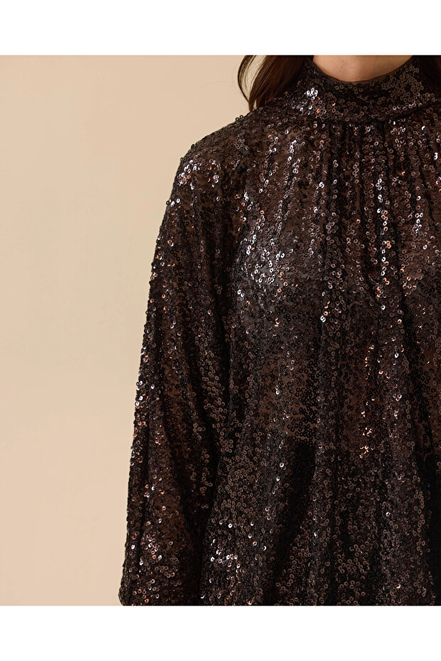 Dik Yaka Transparan Payetli Bluz - 6