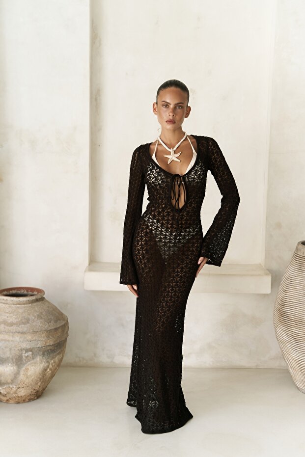 Nugruho Bağlama Detay Kahve Triko Uzun Elbise - 3