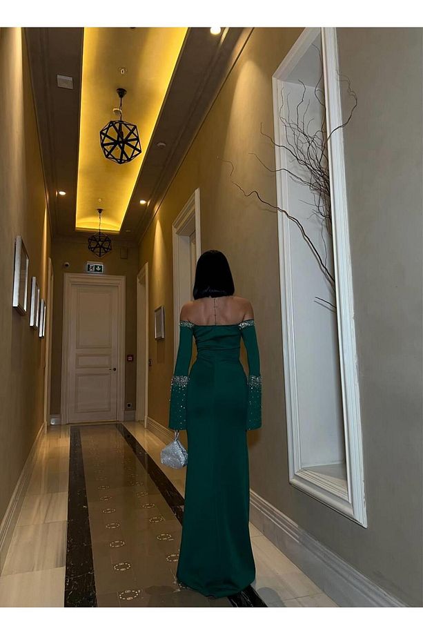 Tek Göğüs Taşlı Simli Kadife Abiye Elbise Zümrüt 583116 - 5