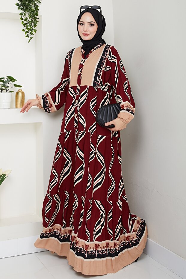 Shaped Spiral Pattern Viscose Dress Burgundy