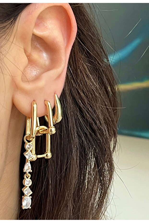 Gold Color Zircon Stone Detailed Dangle Steel 3-Piece Earrings