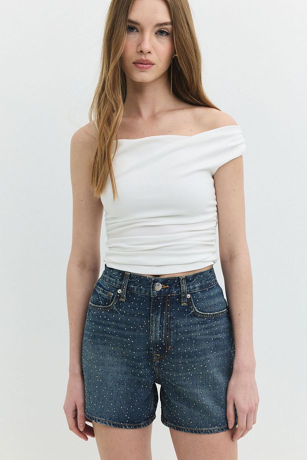 DEBORAH Straight Fit Taşlı Orta İndigo Jean Şort - 6