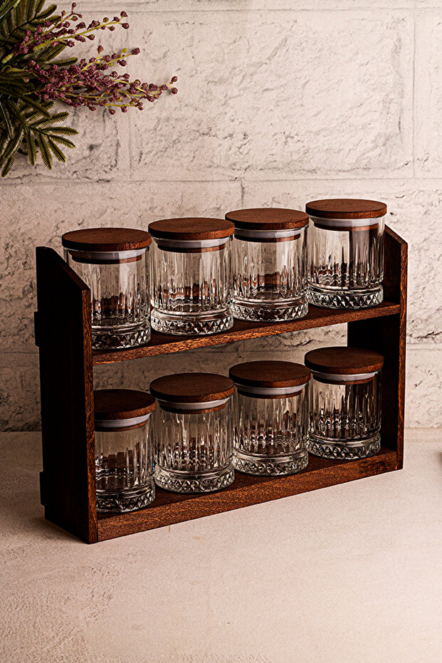 Mira Small - مجموعة أواني تخزين توابل زجاجية مفرغة من الهواء مع 8 أغطية خشبية مع حامل 210 مل - 1