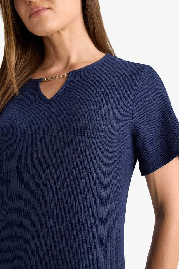 Regular Fit Apaş Yaka Basic Düz Bürümcük Kısa Kollu Midi Elbise D3834AX25SM - 4