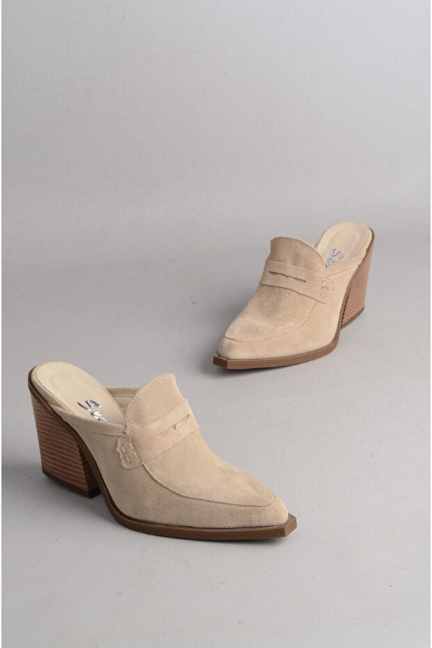 Seç 8039 Genuine Leather Heel Western Slippers (Heel Height: 9 cm) Mink Suede