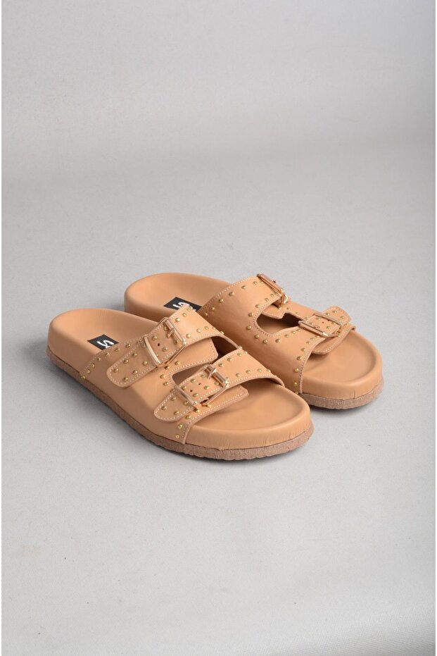 Seç 8112 Genuine Leather Double Band Women's Slippers Caramel
