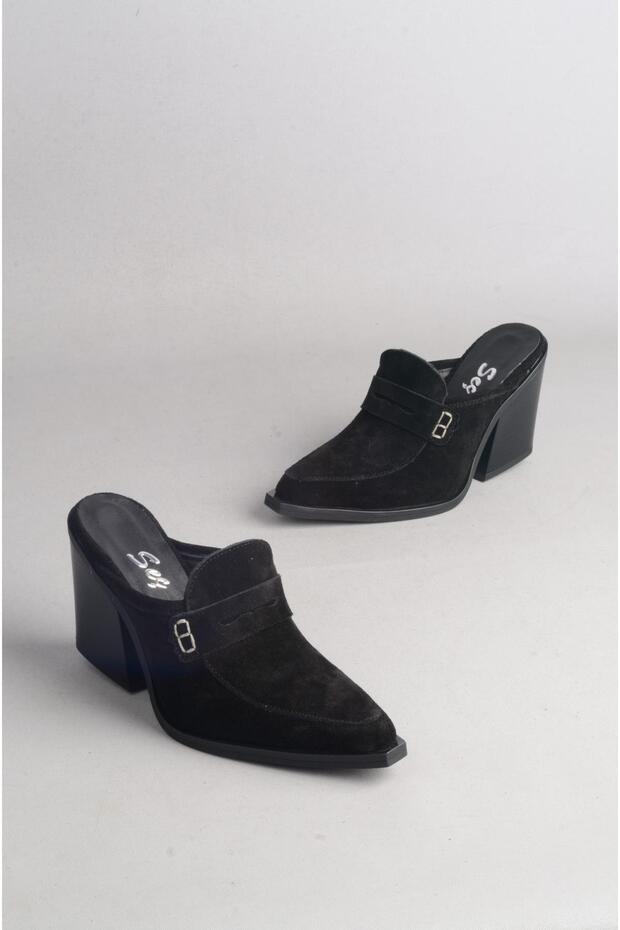 Seç 8039 Genuine Leather Heel Western Slippers (Heel Height: 9 cm) Black Suede