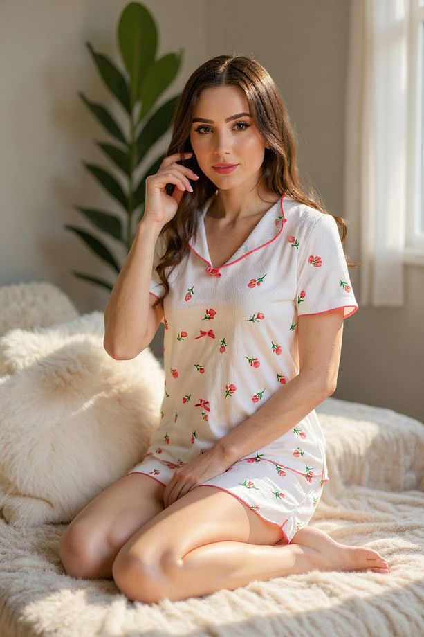 Ekru Çiçek Baskılı Pamuklu Şortlu Pijama Takımı - 3