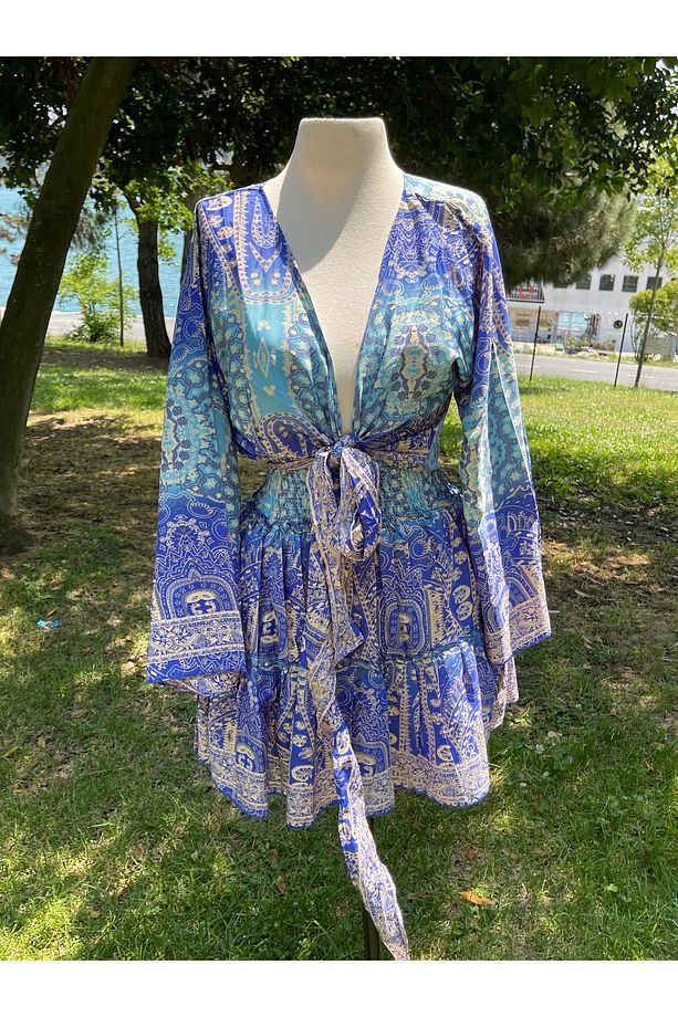 İpek Bağlamalı Üst Mini Etek Boho Sarı Takım - 3