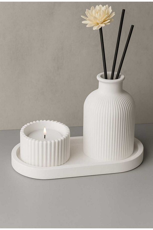 Dekoratif 3'lü Set Pampas Vazo, Tealight Mumluk, Alt Tabak Dekoratif Obje Biblo - 3