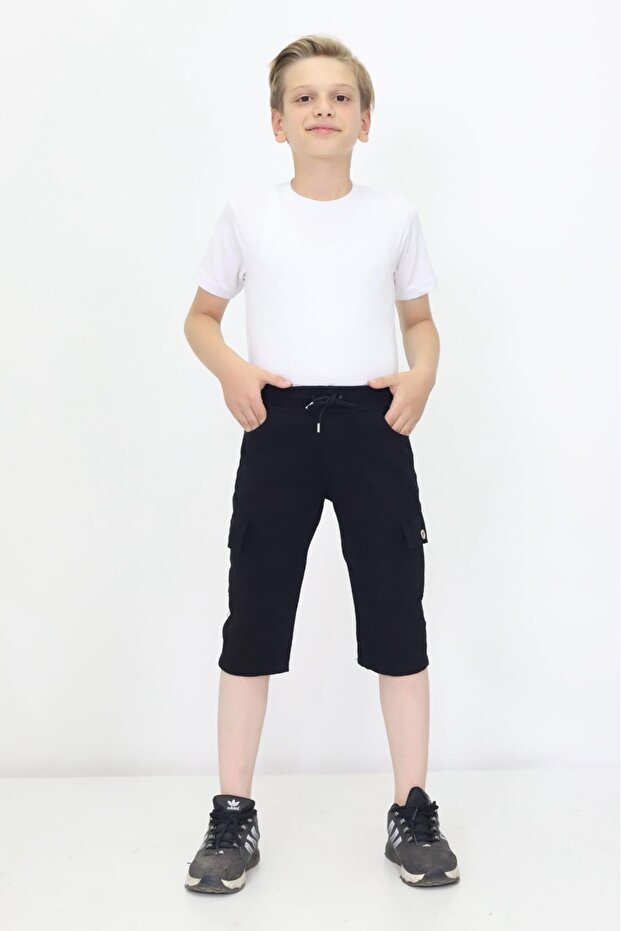 Boy's Light Blue Cargo Pocket Modern Linen Capri with Rope Detail Suitable for Summer Daily Use