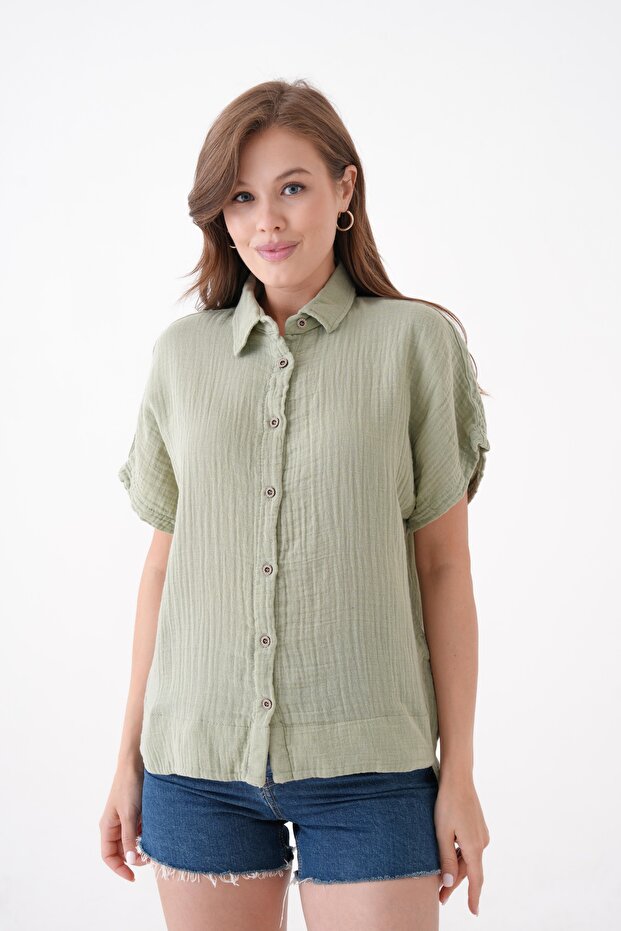 100% Cotton Button Detail Summer Muslin Bat Shirt Bluz Mg-204