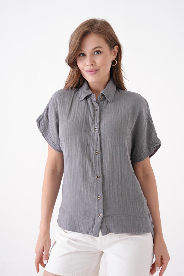 100% Cotton Button Detail Summer Muslin Bat Shirt Bluz Mg-204