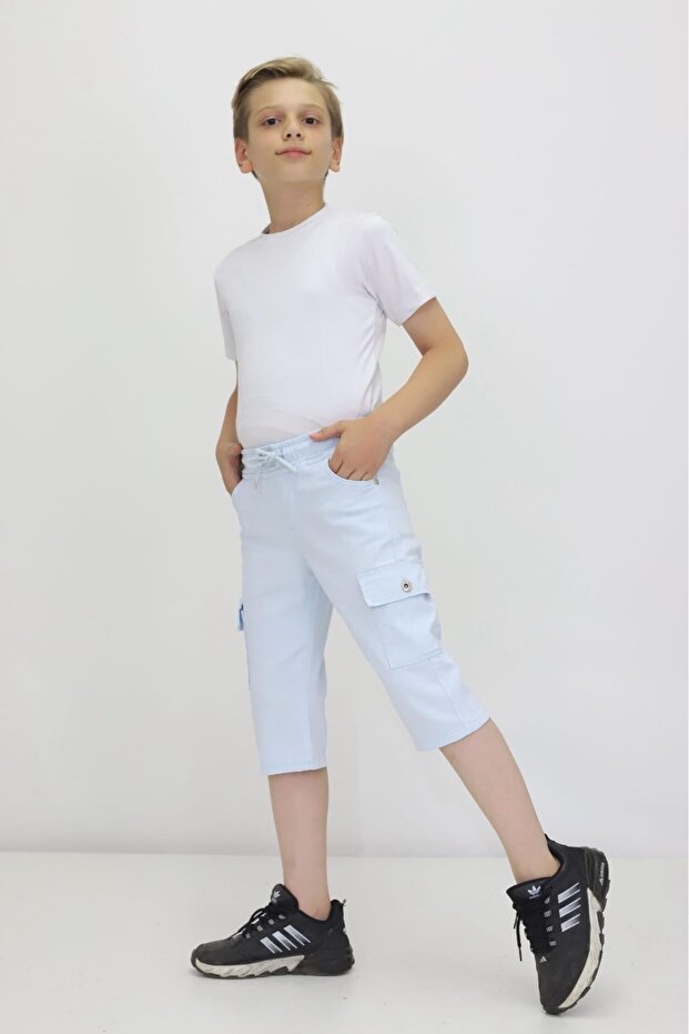 Boy's Light Blue Cargo Pocket Modern Linen Capri with Rope Detail Suitable for Summer Daily Use