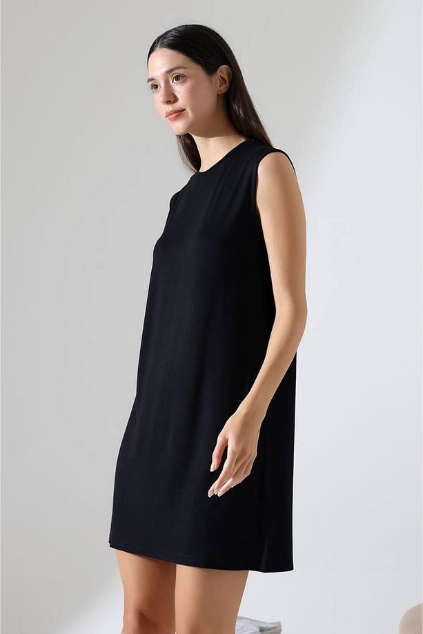 Kadın Siyah Oversize Sıfır Kol Bisiklet Yaka Basic Günlük Içlik Tunik Viscon Kumaş - 5