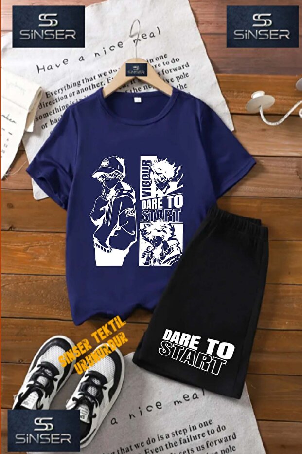 Children's “White Dare to Start“ Special Printed Crew Neck T-Shirt - Shorts Set