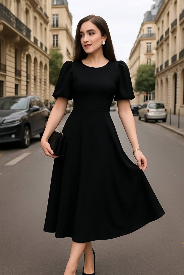 Balloon Sleeve Flared Evening Dress