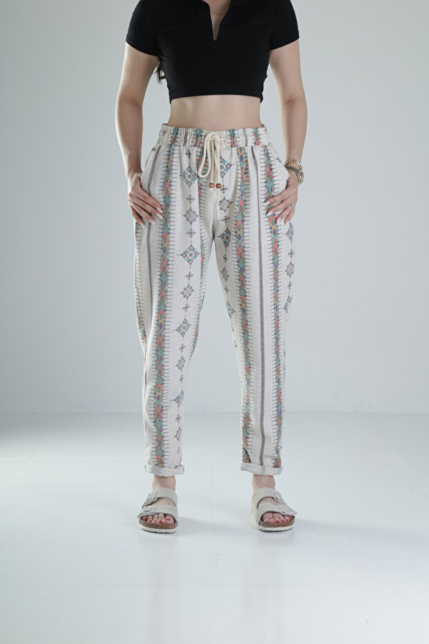 بنطلون كتان منقوش عرقي - 1