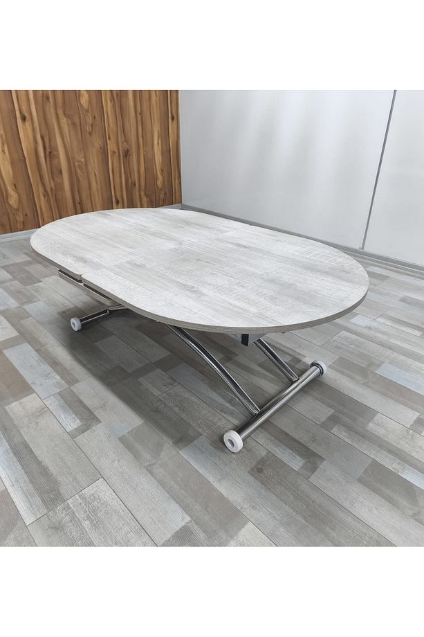 Ortadan Açılır Akıllı Yemek Masası Oval Mdf Tabla Alt Mekanizma Metal Krom Kaplama - 1
