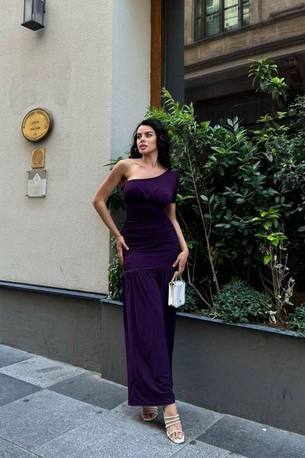 Drapeli Tek Omuz Maxi Boy Sandy Elbise - 3