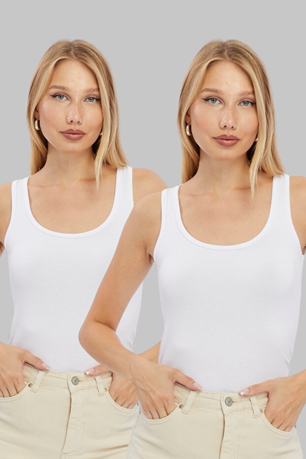 قميص داخلي أساسي بحزام سميك مكون من قطعتين باللون الأبيض للسيدات - 1