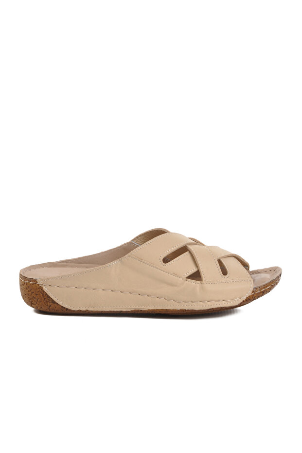 Beige Genuine Leather Women's Slippers 003 Z