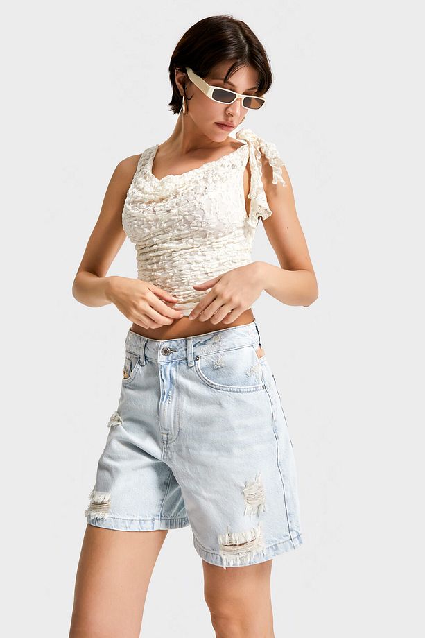 Kadın T.Kot Rengi 12s5-99 Midi Boy Mom Fit Nakış Detaylı %100 Koton Tasarım Denim Şort - 5