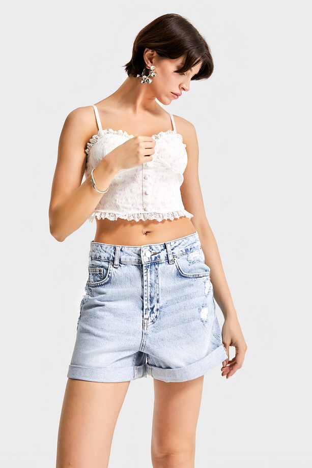 Kadın Snow Kot Rengi 12s5-3 Midi Boy Yırtık Detaylı Duble Paça %100 Koton Denim Şort - 5