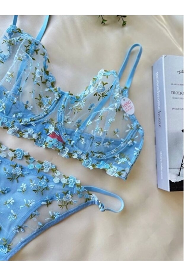 Women's See-Through C Cup Underwire Floral Patterned Blue Bra Set - 137