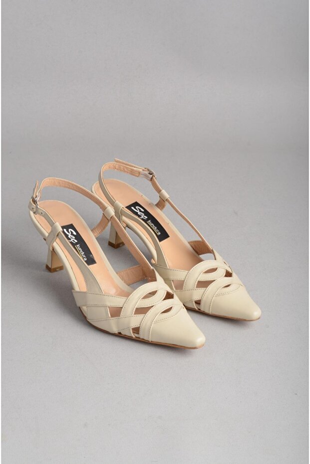 Seç 2536 Genuine Leather Heelled Women's Shoes Beige