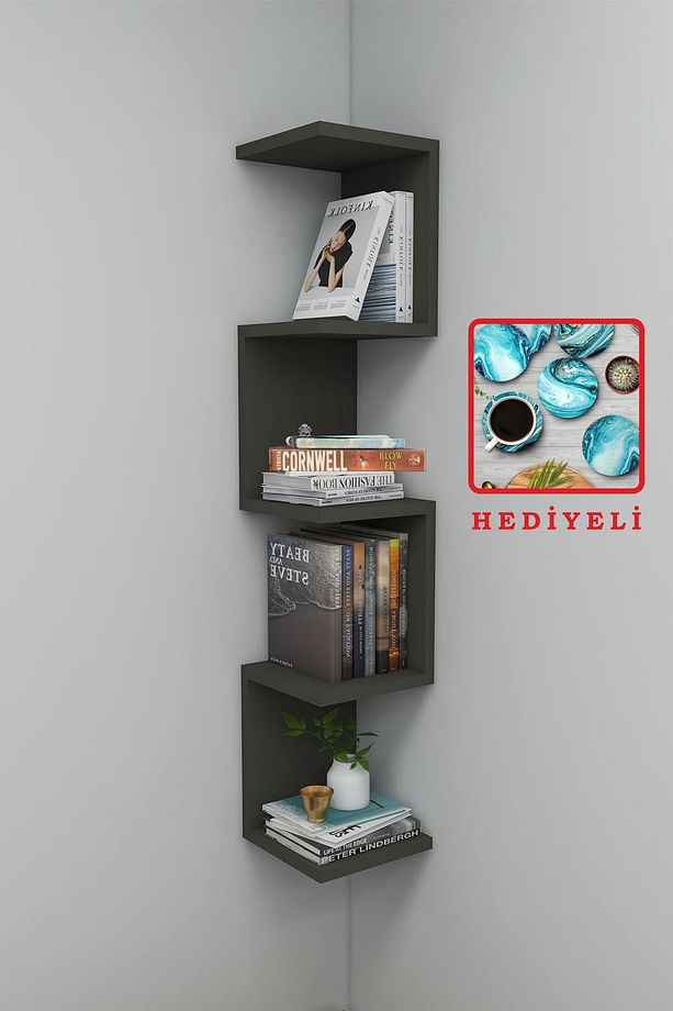 Hediyeli Antrasi Gri Zigzag Köşe Kitaplık Açık Raf- Duvar Rafı - 1