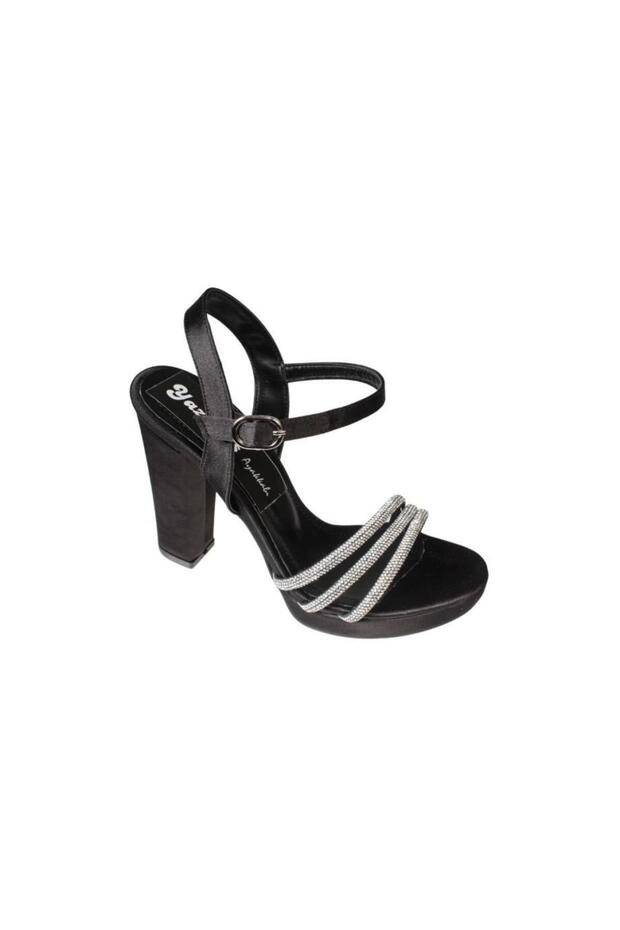 Yazkiş Women's Black Silver Satin 3-Stripes Stone 10cm Thick Heel 2cm Platform Heel Evening Dress Shoes