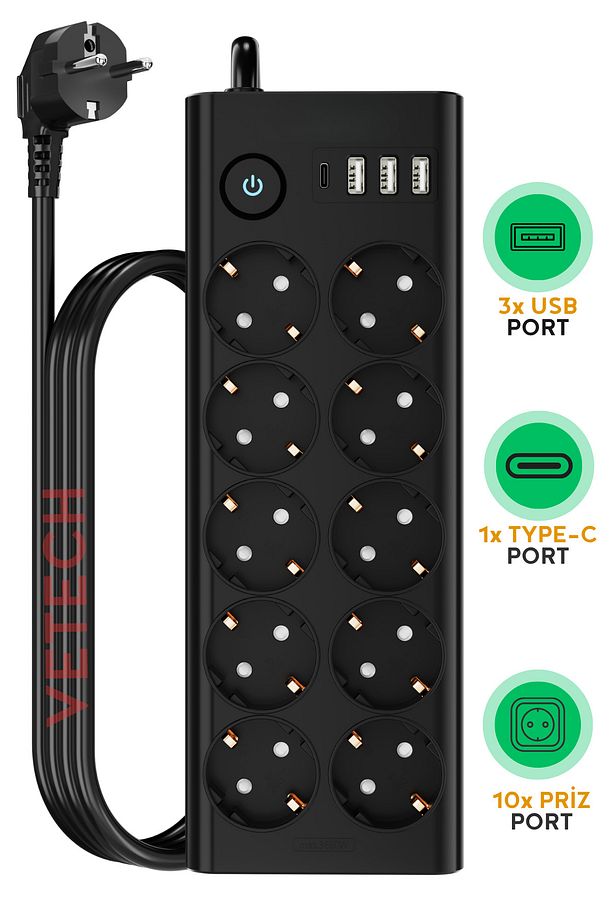 Akım Korumalı Priz 10x Priz / 3x USB / 1 Type-C Port Girişli 10'lu Priz - 1