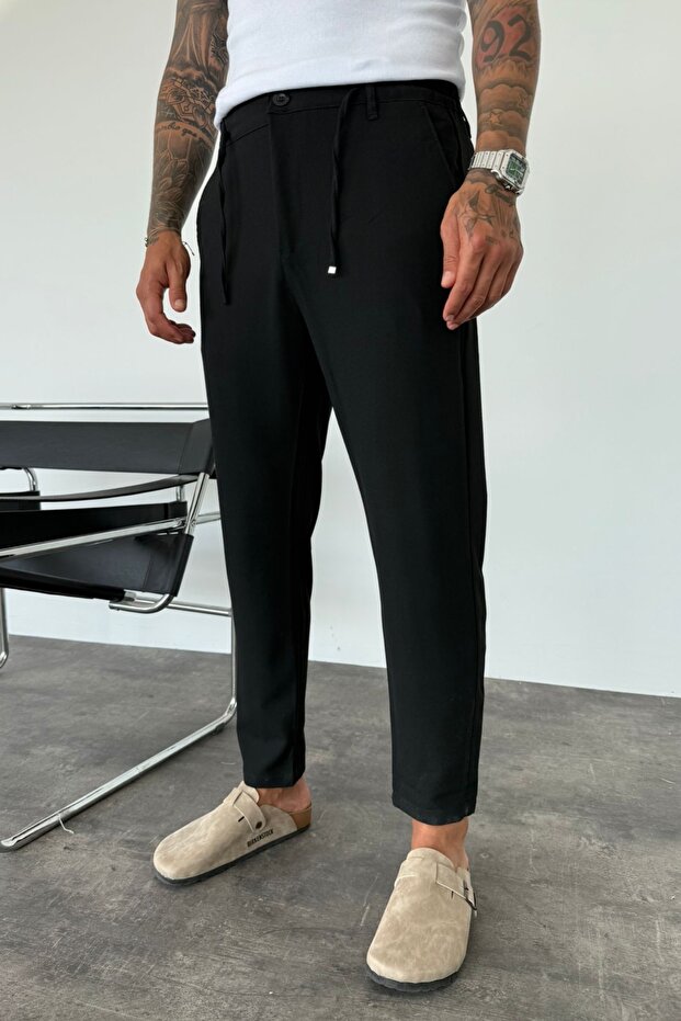 Men's Boyfriend Pleated Black Fabric Trousers Ke-1046
