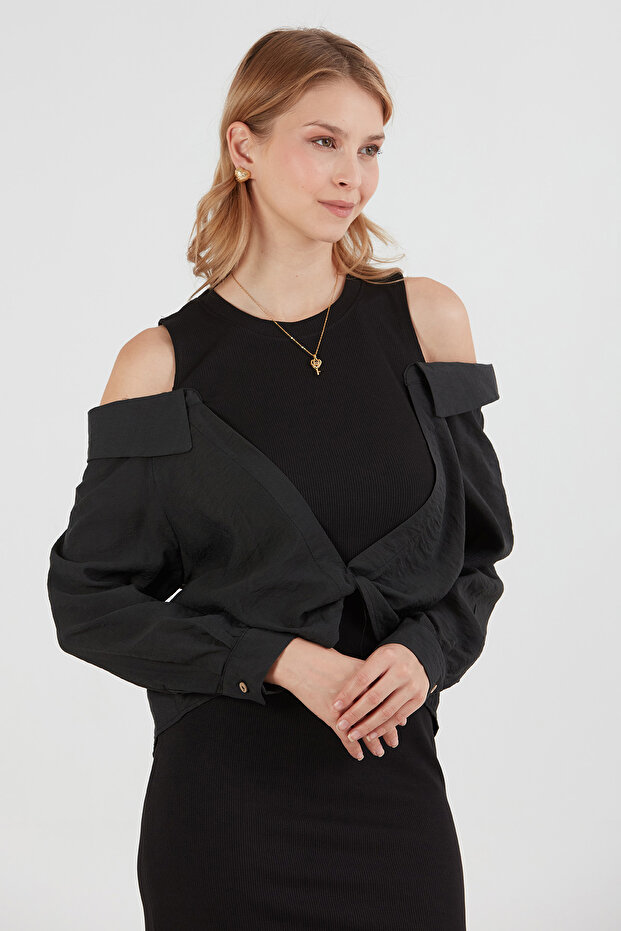 Basic Gömlek Detaylı Yırtmaçlı Elbise - 4