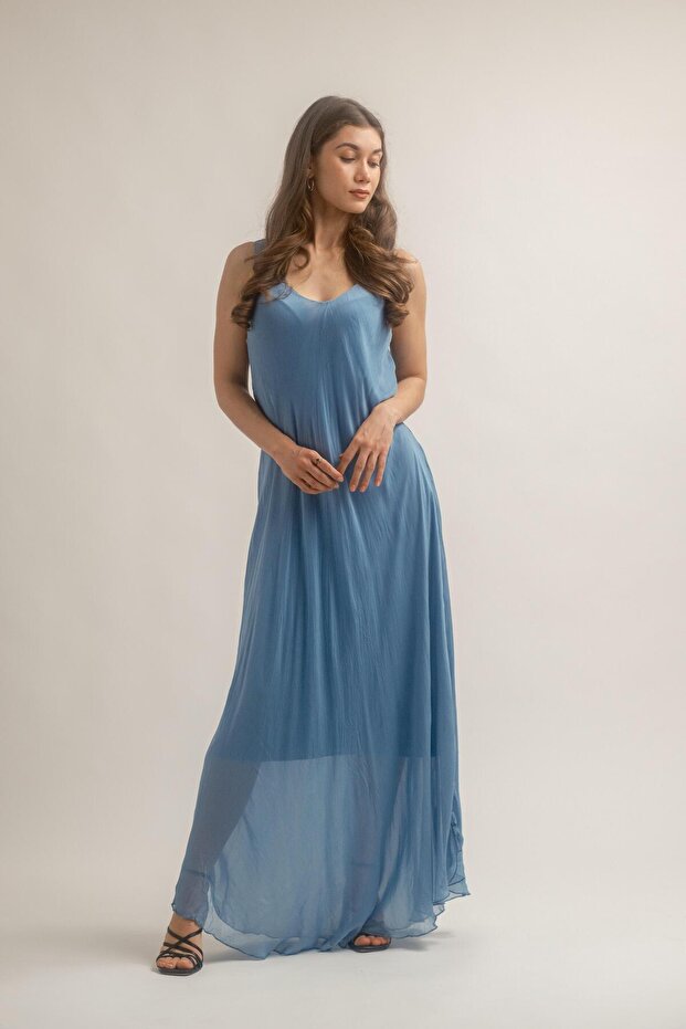 KALIN ASKILI UZUN İPEK ELBİSE - 2