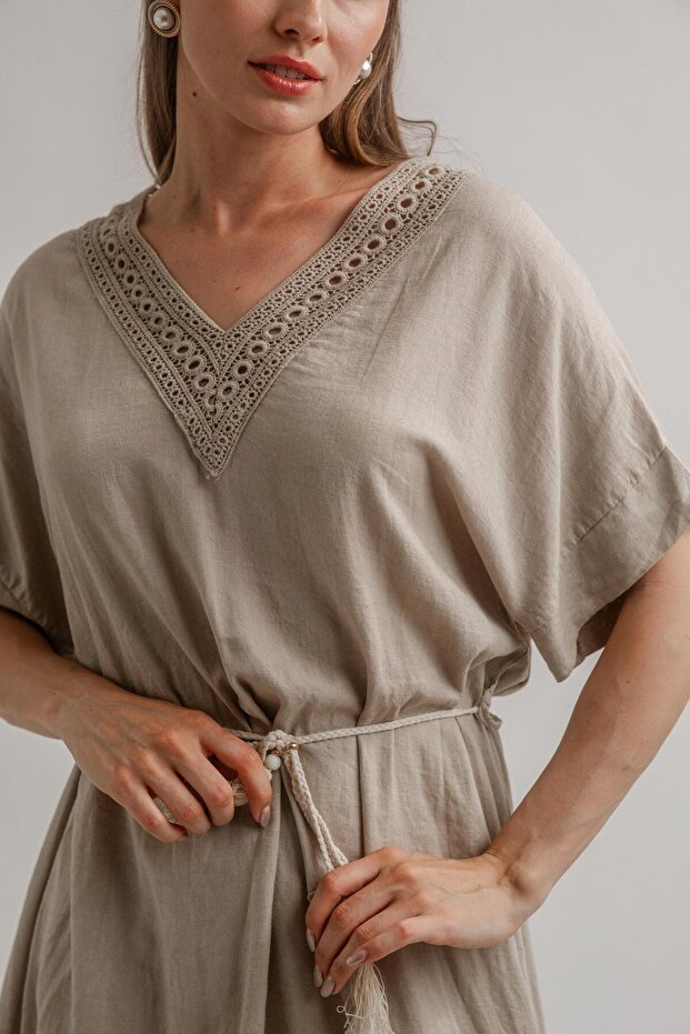 KETEN VİSKOZ BELİ HALATLI ELBİSE - 4