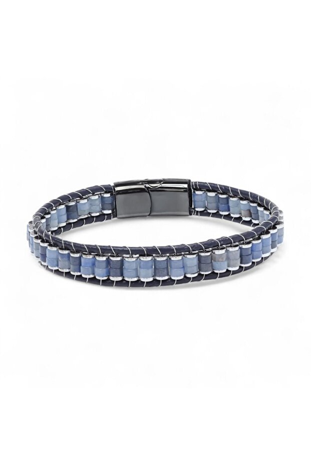 Blue Aventurine & Hematite Steel Braided Leather Bracelet
