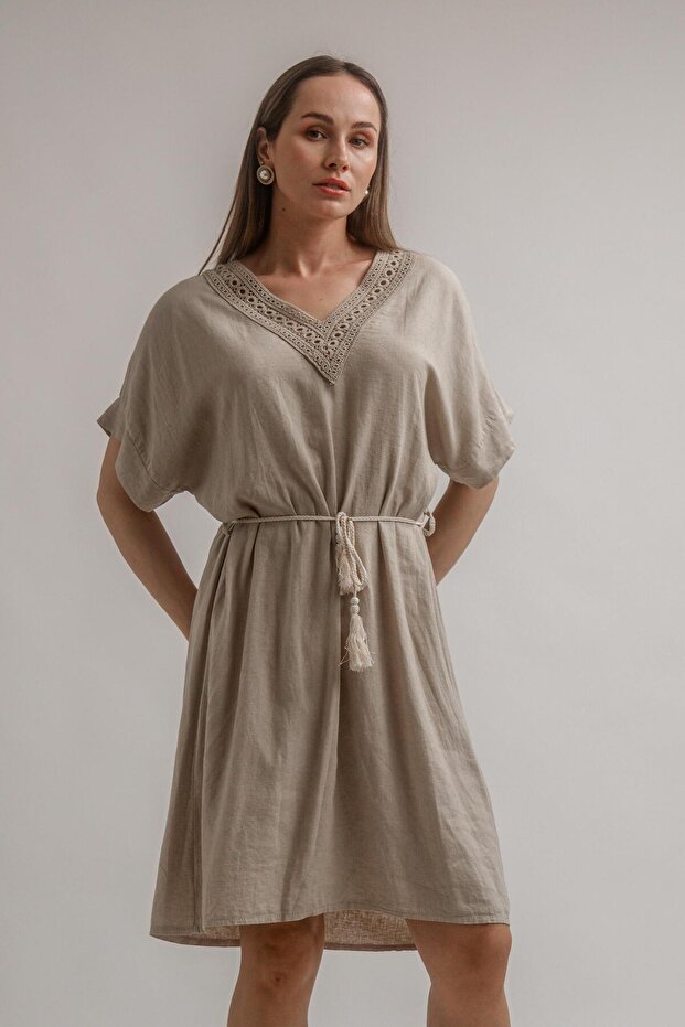 KETEN VİSKOZ BELİ HALATLI ELBİSE - 2